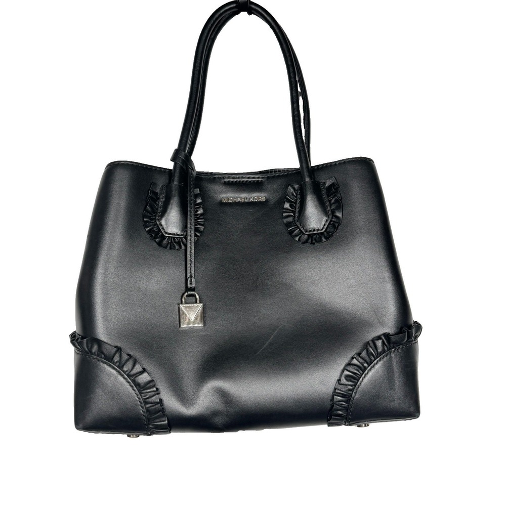 Michael Kors Mercer Gallery Medium Tote Black Leather Ruffle Satchel Purse